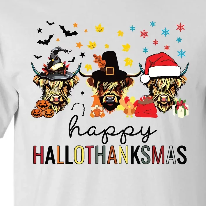 Happy Hallothanksmas Highland Cow Halloween Christmas Tall T-Shirt