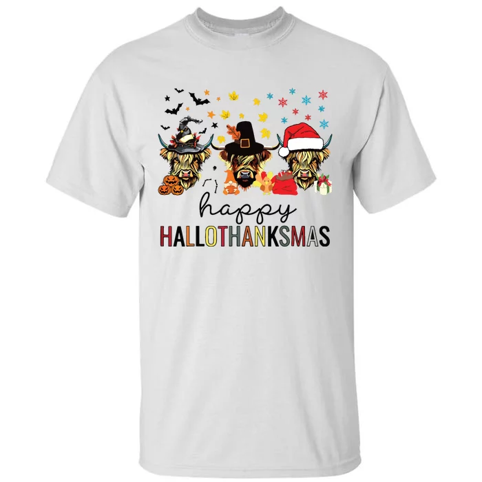 Happy Hallothanksmas Highland Cow Halloween Christmas Tall T-Shirt