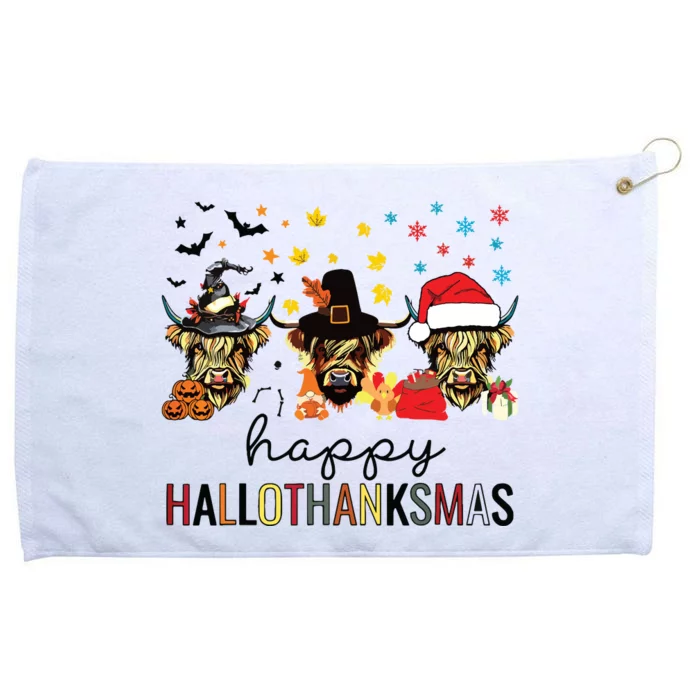 Happy Hallothanksmas Highland Cow Halloween Christmas Grommeted Golf Towel