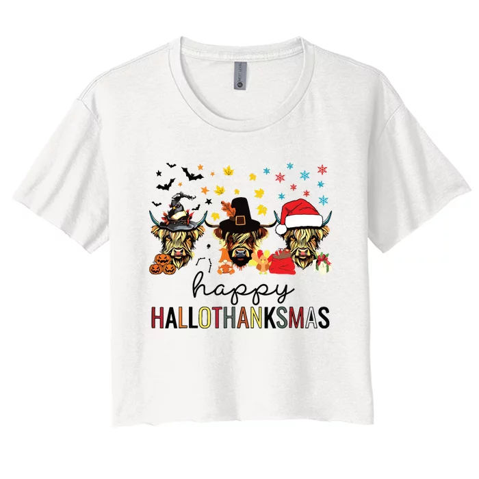 Happy Hallothanksmas Highland Cow Halloween Christmas Women's Crop Top Tee