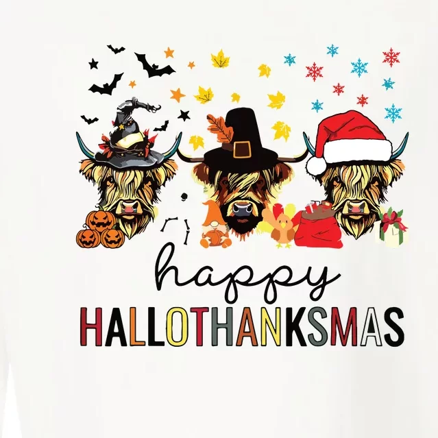 Happy Hallothanksmas Highland Cow Halloween Christmas Cropped Pullover Crew