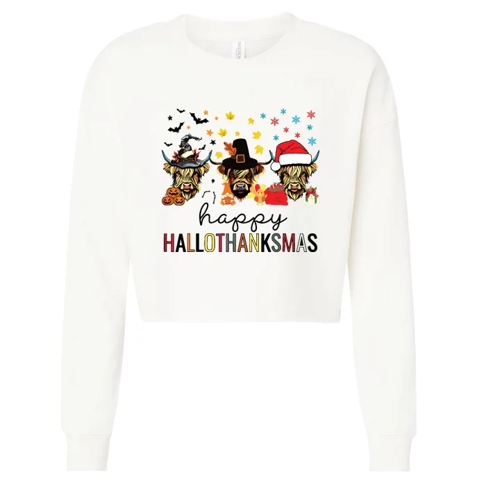 Happy Hallothanksmas Highland Cow Halloween Christmas Cropped Pullover Crew