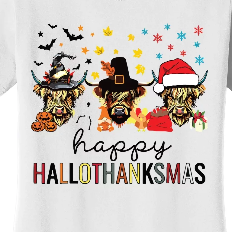 Happy Hallothanksmas Highland Cow Halloween Christmas Women's T-Shirt