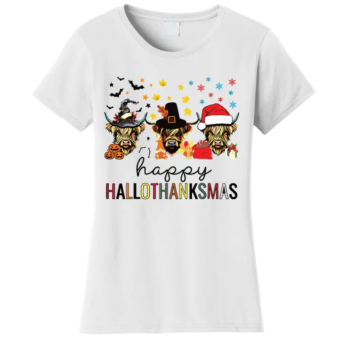 Happy Hallothanksmas Highland Cow Halloween Christmas Women's T-Shirt