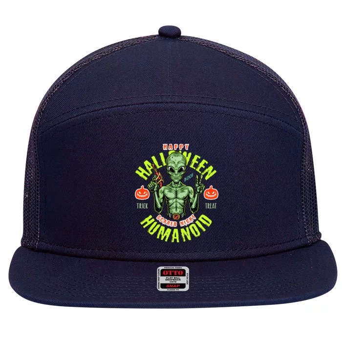 Happy Halloween Humanoid Alien Trick Or Treat 7 Panel Mesh Trucker Snapback Hat