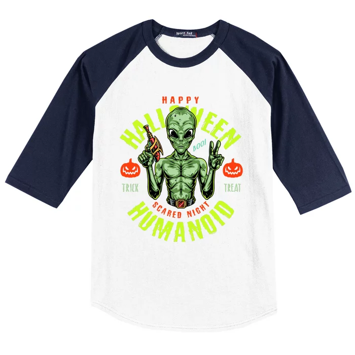 Happy Halloween Humanoid Alien Trick Or Treat Baseball Sleeve Shirt