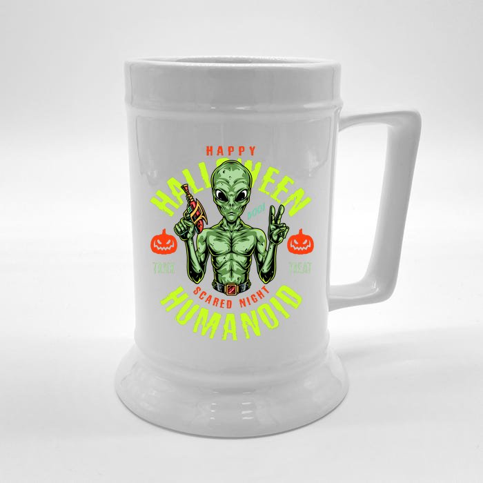 Happy Halloween Humanoid Alien Trick Or Treat Front & Back Beer Stein