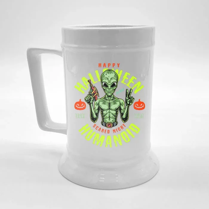 Happy Halloween Humanoid Alien Trick Or Treat Front & Back Beer Stein