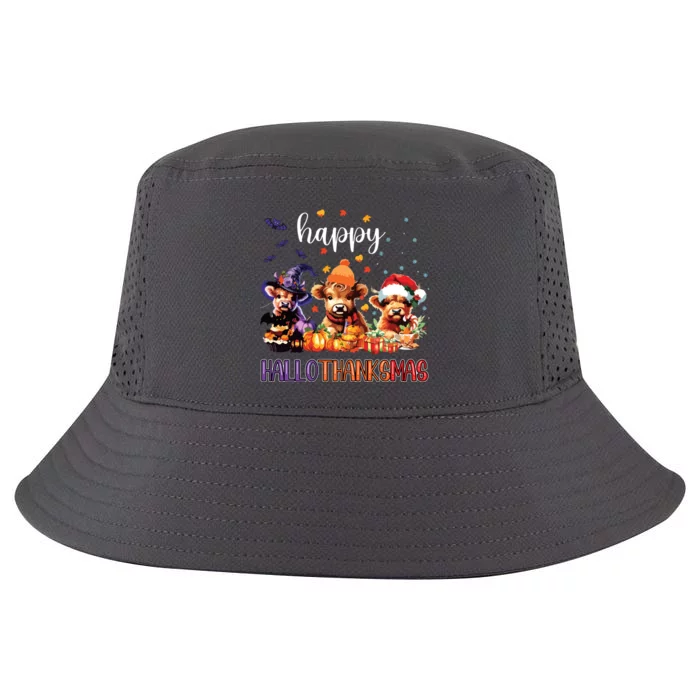 Happy Hallothanksmas Highland Cow Halloween Merry Christmas Long Sleeve Cool Comfort Performance Bucket Hat