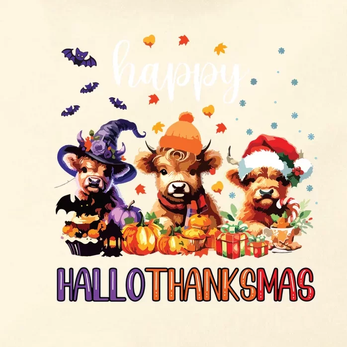 Happy Hallothanksmas Highland Cow Halloween Merry Christmas Long Sleeve Zip Tote Bag