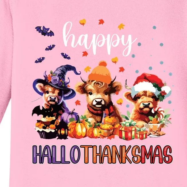 Happy Hallothanksmas Highland Cow Halloween Merry Christmas Long Sleeve Baby Long Sleeve Bodysuit