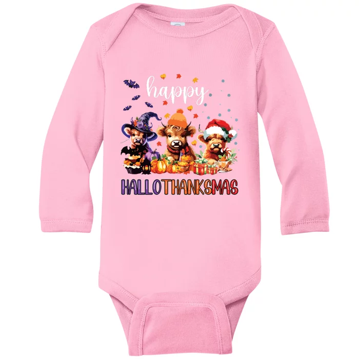 Happy Hallothanksmas Highland Cow Halloween Merry Christmas Long Sleeve Baby Long Sleeve Bodysuit