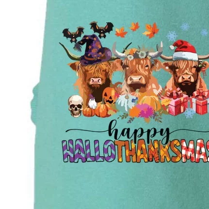 Happy Hallothanksmas Highland Cow Print Halloween Christmas Doggie 3-End Fleece Hoodie