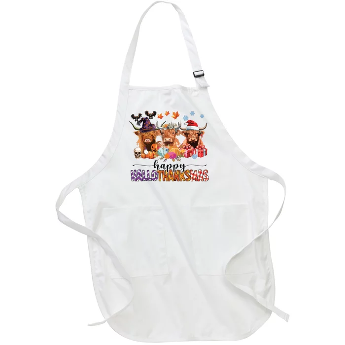 Happy Hallothanksmas Highland Cow Print Halloween Christmas Full-Length Apron With Pocket