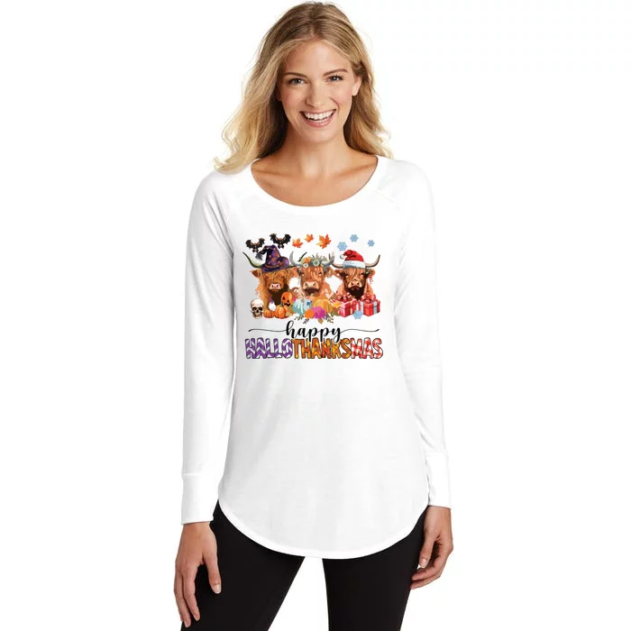 Happy Hallothanksmas Highland Cow Print Halloween Christmas Women's Perfect Tri Tunic Long Sleeve Shirt