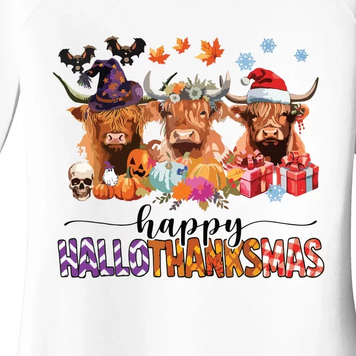 Happy Hallothanksmas Highland Cow Print Halloween Christmas Women's Perfect Tri Tunic Long Sleeve Shirt