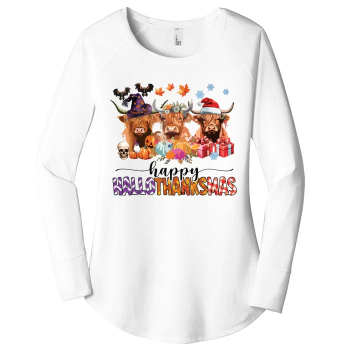 Happy Hallothanksmas Highland Cow Print Halloween Christmas Women's Perfect Tri Tunic Long Sleeve Shirt