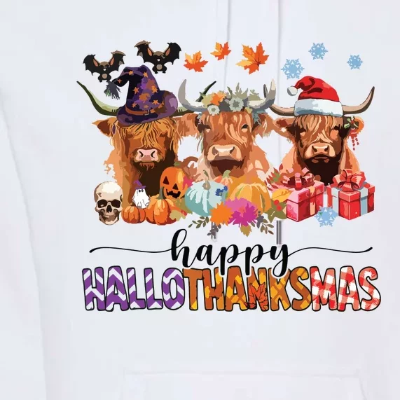 Happy Hallothanksmas Highland Cow Print Halloween Christmas Premium Hoodie