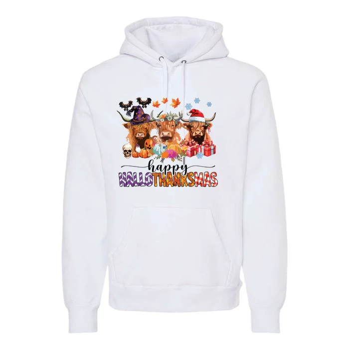 Happy Hallothanksmas Highland Cow Print Halloween Christmas Premium Hoodie