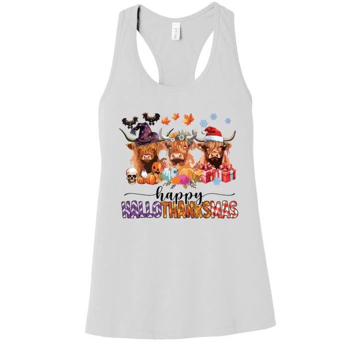 Happy Hallothanksmas Highland Cow Print Halloween Christmas Women's Racerback Tank