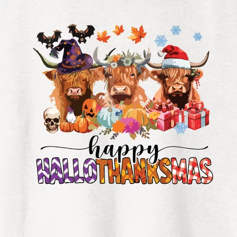 Happy Hallothanksmas Highland Cow Print Halloween Christmas Women's Crop Top Tee