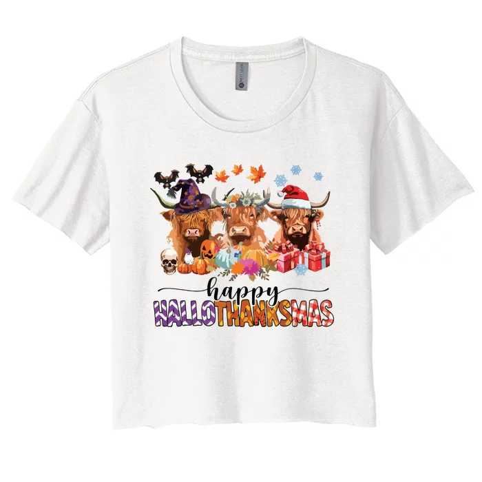 Happy Hallothanksmas Highland Cow Print Halloween Christmas Women's Crop Top Tee