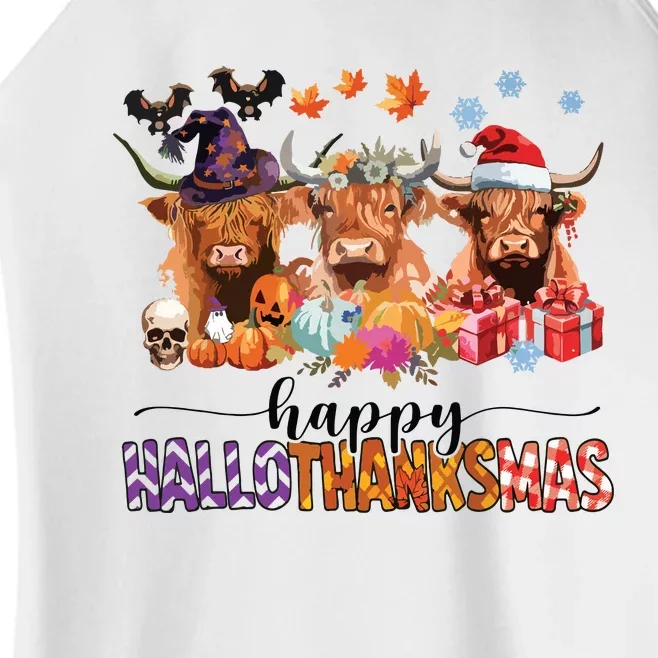 Happy Hallothanksmas Highland Cow Print Halloween Christmas Women’s Perfect Tri Rocker Tank