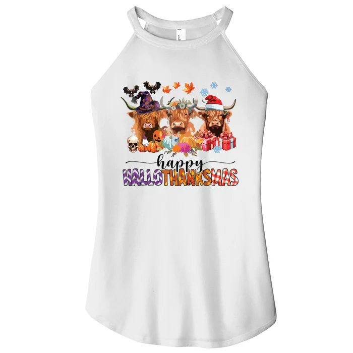 Happy Hallothanksmas Highland Cow Print Halloween Christmas Women’s Perfect Tri Rocker Tank