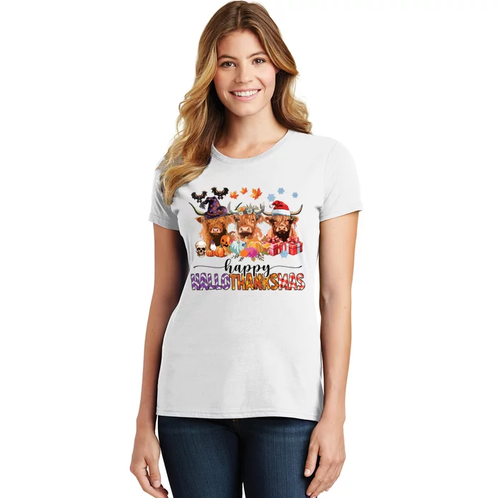 Happy Hallothanksmas Highland Cow Print Halloween Christmas Women's T-Shirt