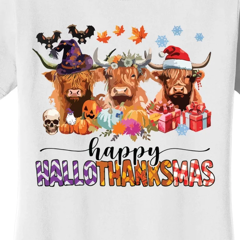 Happy Hallothanksmas Highland Cow Print Halloween Christmas Women's T-Shirt