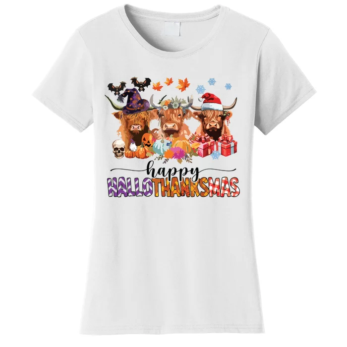 Happy Hallothanksmas Highland Cow Print Halloween Christmas Women's T-Shirt