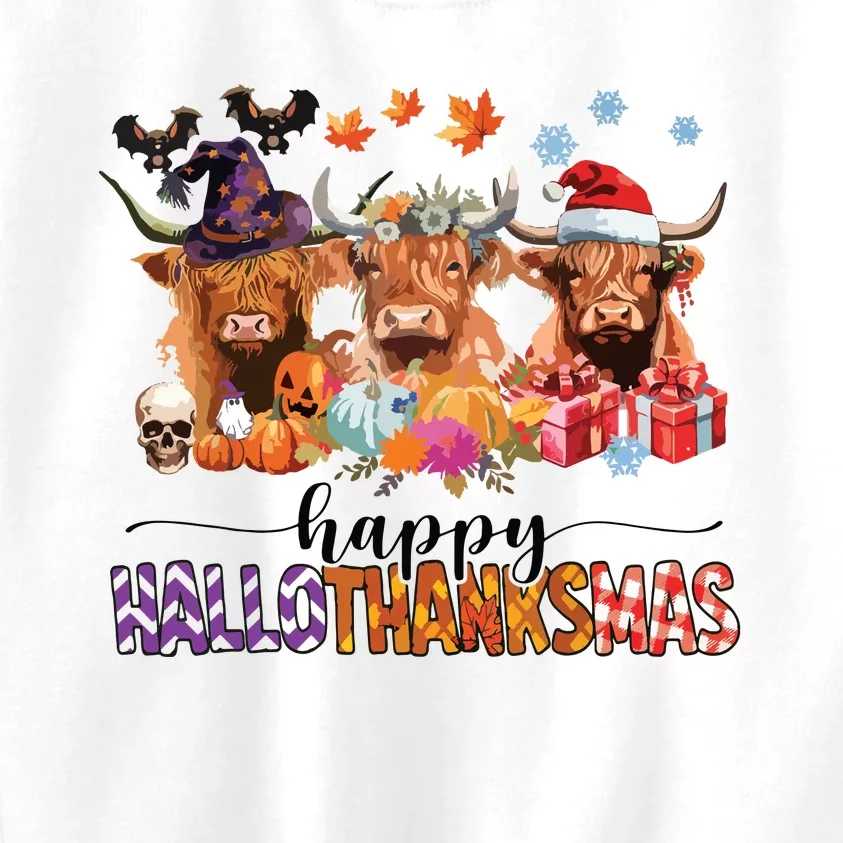 Happy Hallothanksmas Highland Cow Print Halloween Christmas Kids Sweatshirt