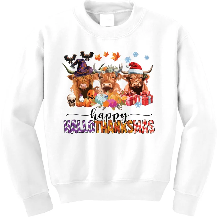 Happy Hallothanksmas Highland Cow Print Halloween Christmas Kids Sweatshirt