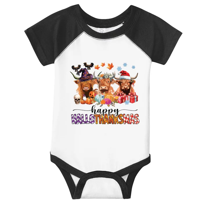 Happy Hallothanksmas Highland Cow Print Halloween Christmas Infant Baby Jersey Bodysuit