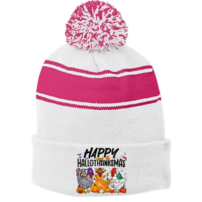 Happy HalloThanksMas Halloween Thanksgiving Xmas Chicken Stripe Pom Pom Beanie