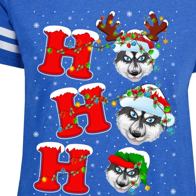 Ho Ho Ho Siberian Husky Santa Hat Reindeer Xmas Lights Funny Gift Enza Ladies Jersey Football T-Shirt