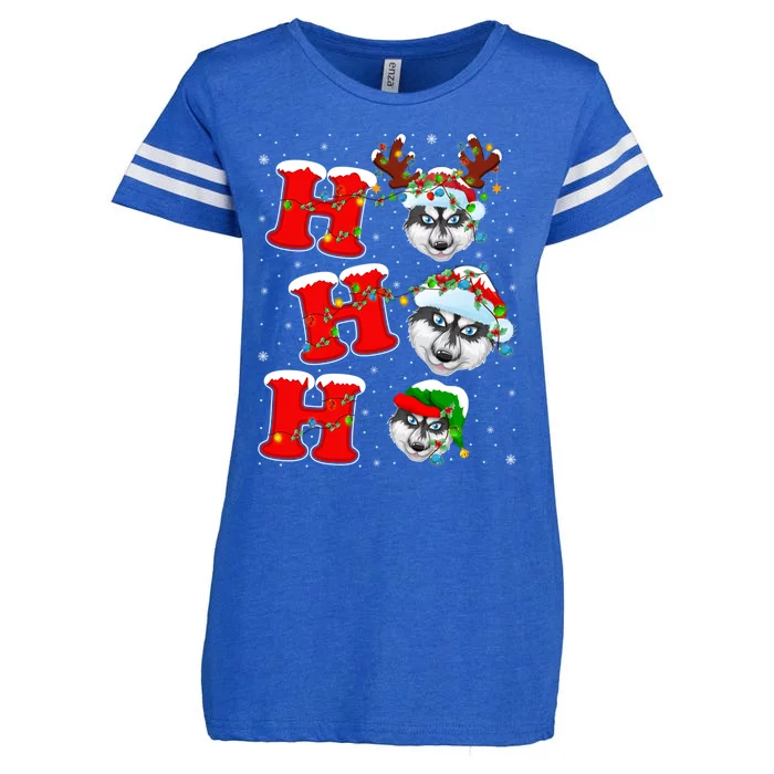 Ho Ho Ho Siberian Husky Santa Hat Reindeer Xmas Lights Funny Gift Enza Ladies Jersey Football T-Shirt