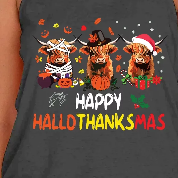 Happy Hallothanksmas Highland Cow Print Halloween Christmas Women's Knotted Racerback Tank