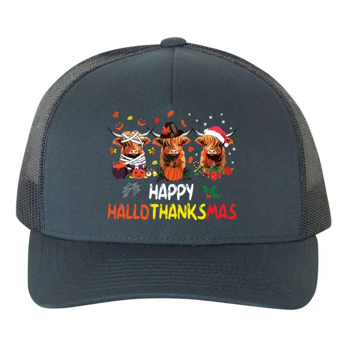 Happy Hallothanksmas Highland Cow Print Halloween Christmas Yupoong Adult 5-Panel Trucker Hat