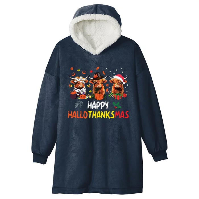 Happy Hallothanksmas Highland Cow Print Halloween Christmas Hooded Wearable Blanket