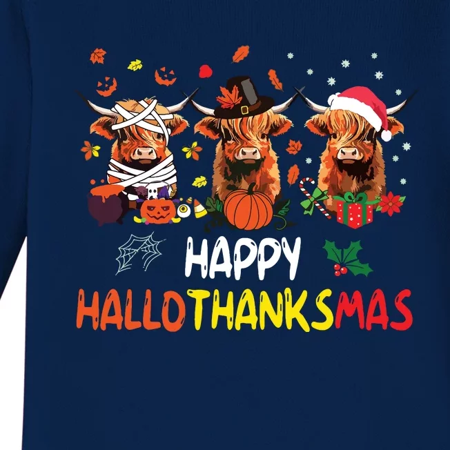 Happy Hallothanksmas Highland Cow Print Halloween Christmas Baby Long Sleeve Bodysuit