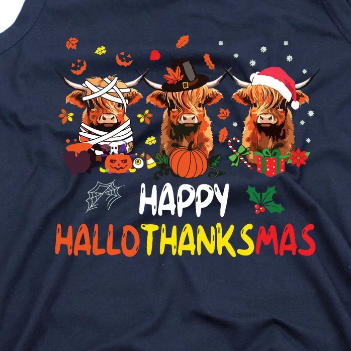 Happy Hallothanksmas Highland Cow Print Halloween Christmas Tank Top