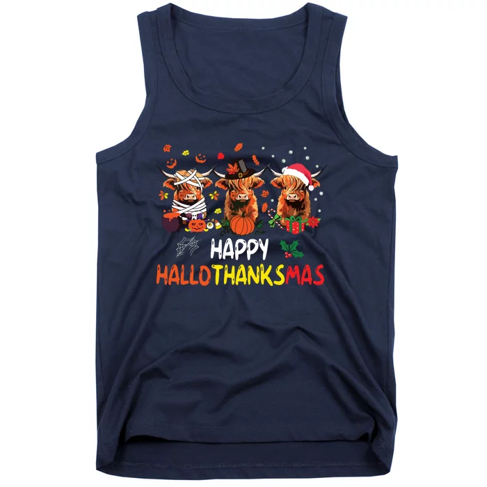 Happy Hallothanksmas Highland Cow Print Halloween Christmas Tank Top