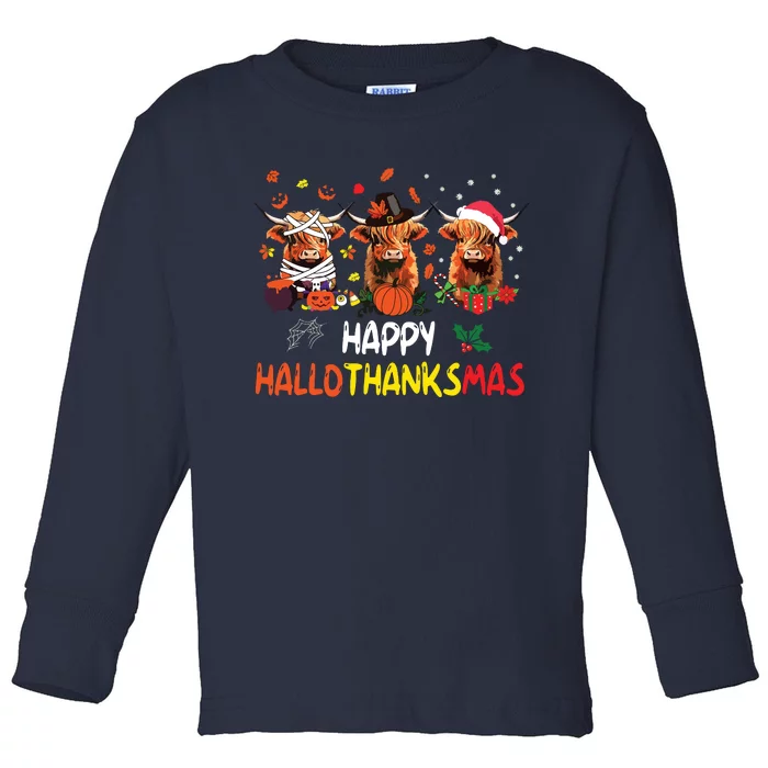 Happy Hallothanksmas Highland Cow Print Halloween Christmas Toddler Long Sleeve Shirt