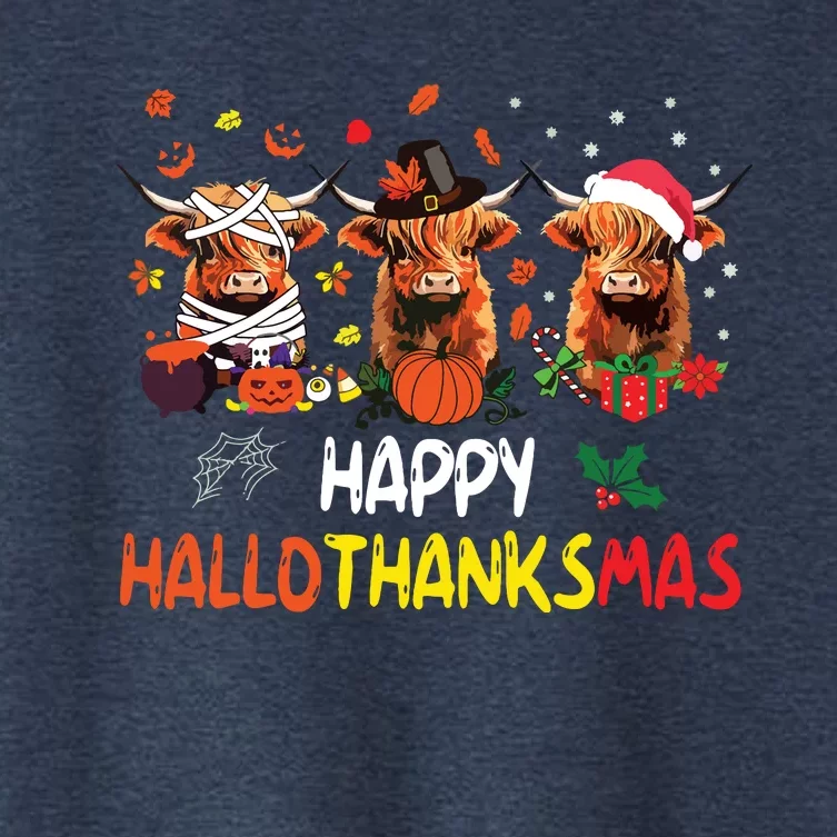 Happy Hallothanksmas Highland Cow Print Halloween Christmas Women's Crop Top Tee