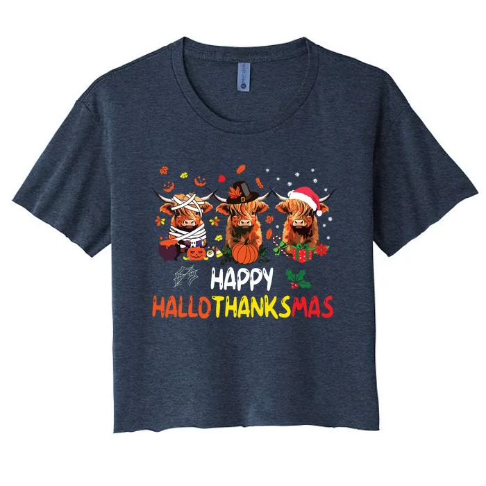 Happy Hallothanksmas Highland Cow Print Halloween Christmas Women's Crop Top Tee