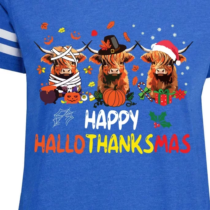 Happy Hallothanksmas Highland Cow Print Halloween Christmas Enza Ladies Jersey Football T-Shirt