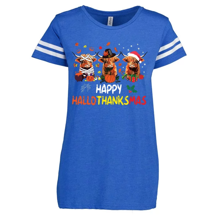 Happy Hallothanksmas Highland Cow Print Halloween Christmas Enza Ladies Jersey Football T-Shirt