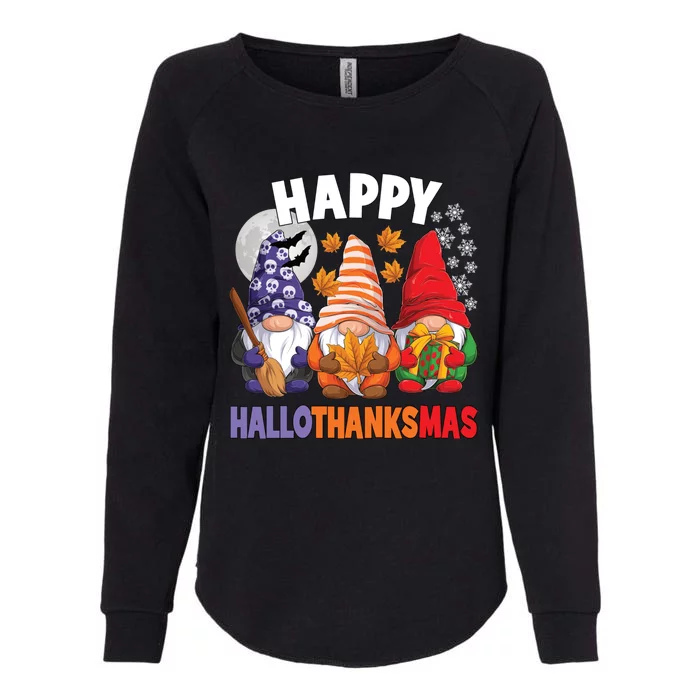 Happy HalloThanksMas Halloween Thanksgiving Christmas Gnomes Womens California Wash Sweatshirt