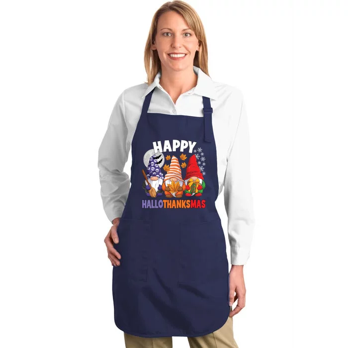 Happy HalloThanksMas Halloween Thanksgiving Christmas Gnomes Full-Length Apron With Pocket